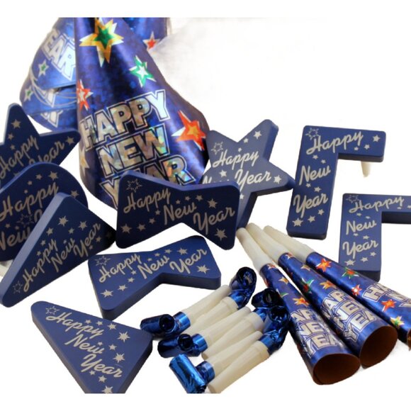 Happy New Year Party Blue Cone Hats ~ Noisemakers ~ Blowouts ~ Horns BUNDLE 56+ - Picture 1 of 7